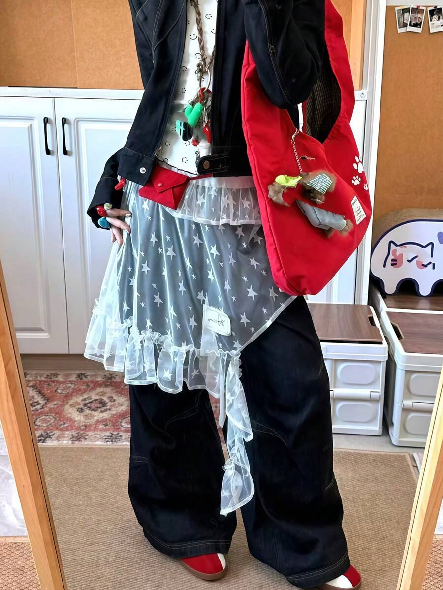 تنورة وسط بتصميم نجمي غير متماثل من الشبك والدانتيل، تنورة متدرجة بكشكشة في الأسفل، مناسبة للتصوير والكوسبلاي والديكور اليومي وعيد الحب وملابس البنات - متعدد الألوان - مشاهدة 1