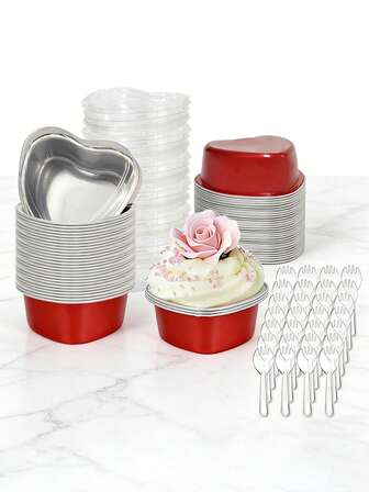 10pcs/25pcs/60pcs Heart Shaped Aluminum Foil Mini Cake Pans - 3.4oz/100ml Disposable High Temperature Resistant Baking Molds With Lids - For Wedding, Valentine's Day, Birthday Party Theme Supplies