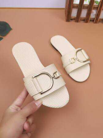 1 par de sandalias de verano nuevas para niños con hebilla de metal a rayas, sandalias de moda para niñas con puntera abierta, chanclas casuales antideslizantes para niños, talla grande
