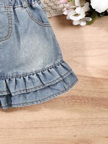 Girls' Denim Shorts With Ruffle Hem, Fashionable And Comfortable, Suitable For Casual Wear - Medium Wash - View 6