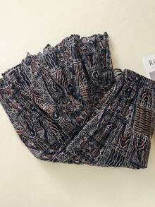 女士波西米亚几何印花弹力腰半身裙，适合度假和日常穿着，春夏款 - 藏蓝色 - 查看 4