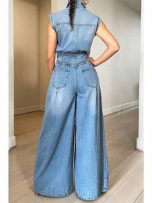 2025 Summer Edition Women's Denim Overalls With No Sleeves, High-Waisted, Single Row Buttons, Flared, Retro Washed, And Flirty Style - Màu xanh lam - Xem 3
