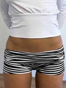 Womens Fold Over Yoga Shorts Dot/Stripe Low Rise Elastic Waist Y2k Lounge Shorts Foldover Cute Skinny Pajama Micro Bottoms Mini Shorts Sleepwear - 黑色 - 查看 1
