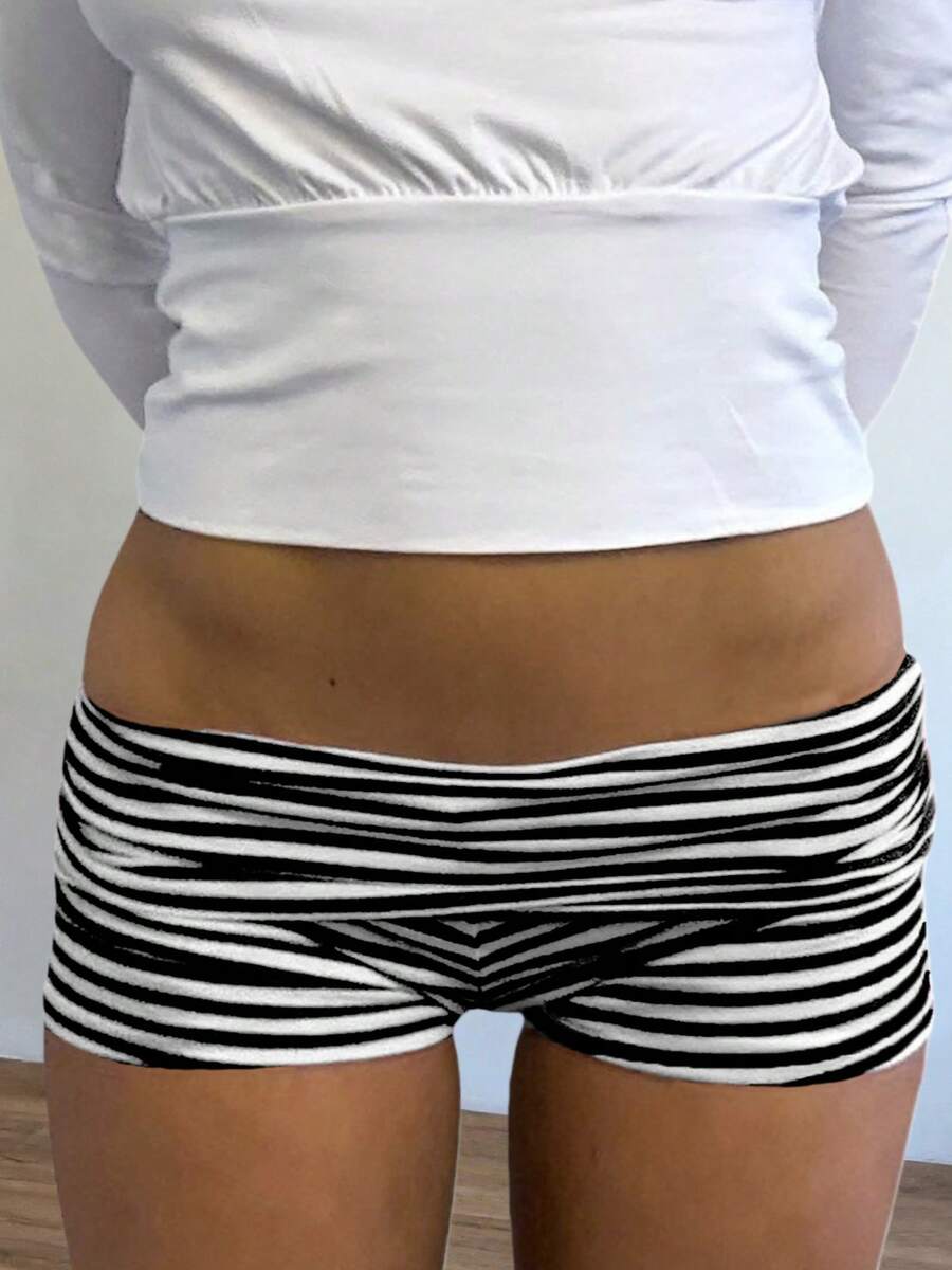 Womens Fold Over Yoga Shorts Dot/Stripe Low Rise Elastic Waist Y2k Lounge Shorts Foldover Cute Skinny Pajama Micro Bottoms Mini Shorts Sleepwear - 黑色 - 查看 1