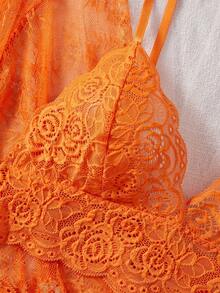 ROMWE Goth Deep V Lace Semi-Sheer Sexy Sleepwear Set, Fashionable & Alluring Design For Women - Orange - View 5
