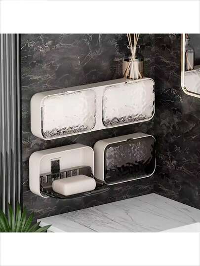 1pc Household Bathroom Wall Mounted Double-Layer Plastic Non Perforated Soap Box, Glacier Pattern Design Soap Holder, Suitable For Bathroom Products Such As Soap, Body Soap, Etc