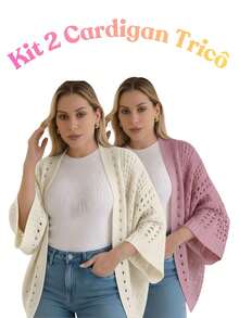 Set Of 2 Women's Cardigan Blouses, Knitted Cape, Openwork Knit, Autumn - 關閉/粉紅色 - 查看 1