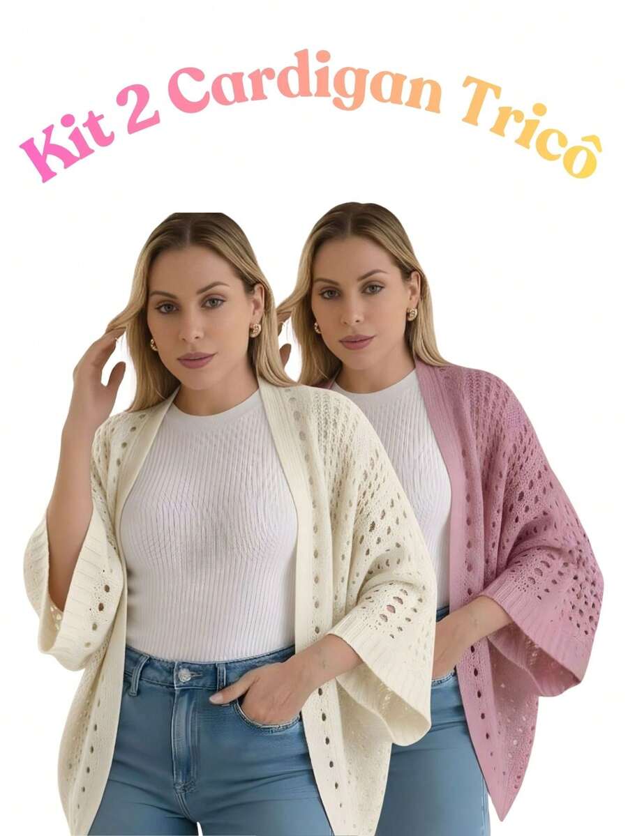 Set Of 2 Women's Cardigan Blouses, Knitted Cape, Openwork Knit, Autumn - 關閉/粉紅色 - 查看 1