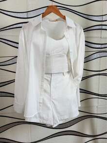 Imported Women's Shirt Set, 3-Piece Set Including A Cropped Top And Lined Shorts. - 白色的 - 查看 1