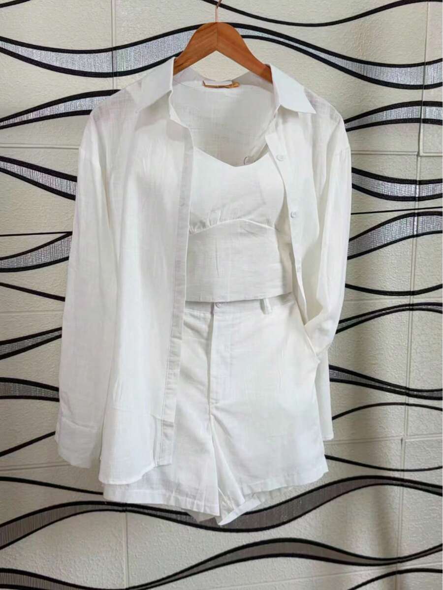 Imported Women's Shirt Set, 3-Piece Set Including A Cropped Top And Lined Shorts. - 白色的 - 查看 1