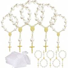 Juego de 10 abalorio de rosario para de bautizo, perlas de imitacin con bolsas de organza para bautizo, bodas, regalos de primera comunin - Perla dorada - Ver 1