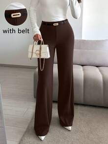 女士休闲直筒纯色长裤，高腰阔腿裤，百搭优雅，适合工作和日常穿着，春季款 - 鏽棕色 - 查看 1