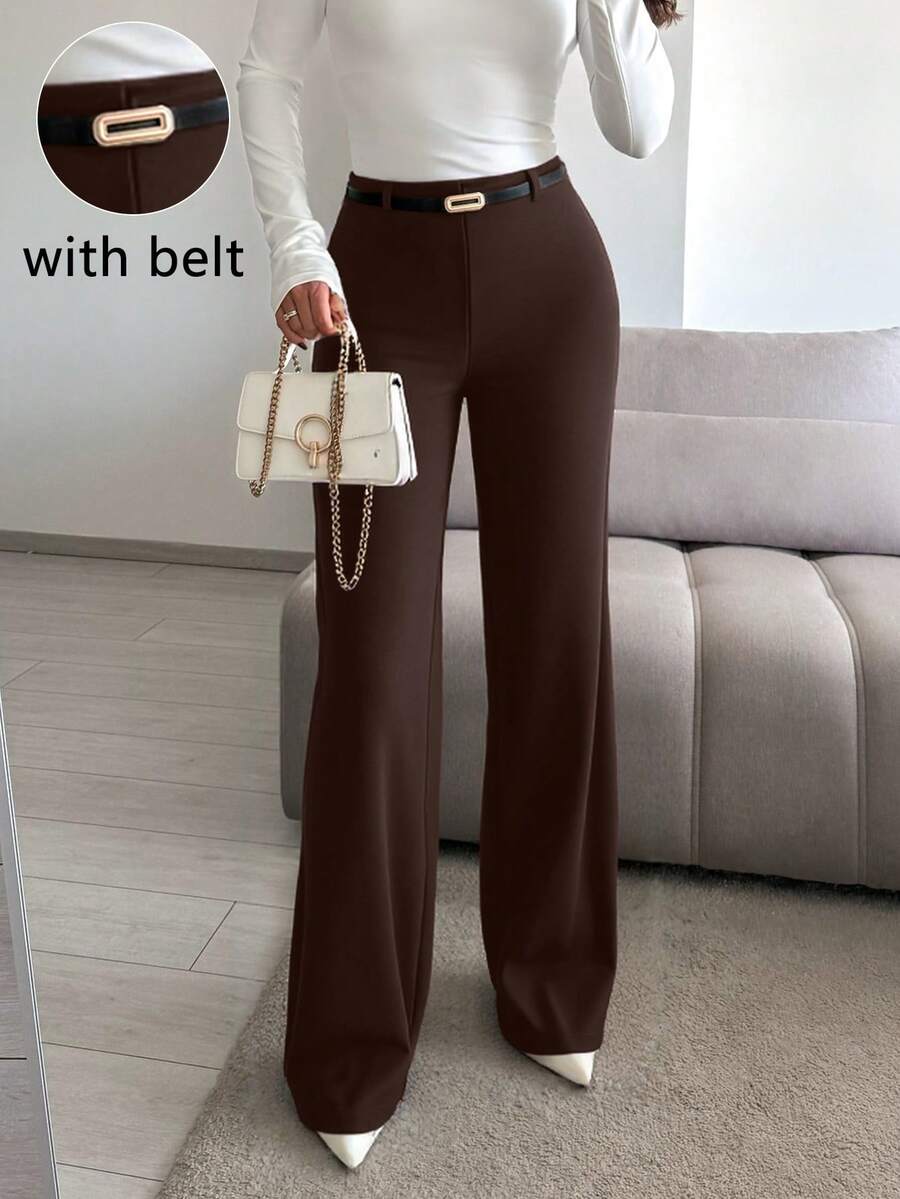 女士休闲直筒纯色长裤，高腰阔腿裤，百搭优雅，适合工作和日常穿着，春季款 - 鏽棕色 - 查看 1