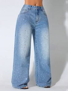 Quần jeans ống rộng cạp thấp màu xanh dương dáng casual với túi xéo và họa tiết thêu đính đá dành cho nữ - Màu xanh ngọc - Xem 6