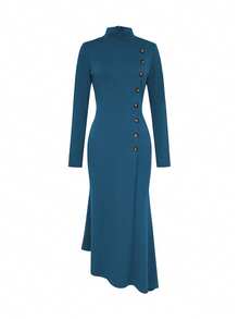 女士立领长袖修身连衣裙，适合工作、办公室、婚礼、秋季穿着。 - 水鴨藍 - 查看 2