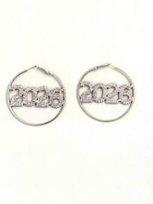 Women's Elegant 2026 Hoop Earrings, New Year Party Jewelry, Birthday & Anniversary Gift - Fashionable Accessory Suitable For All Year Round, Celebratory Design, Exquisite Details - Silver - View 4