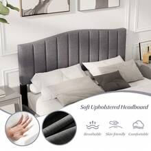 COSTWAY Modern Upholstered Bed Frame, Double Size Platform Bed With Adjustable Vertical Channel Tufted Headboard, Mattress Foundation With Wooden Slat Support No Box Spring Needed, Grey - Grey - View 4