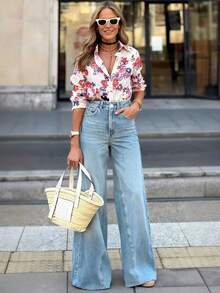 Women's High Waist Wide Leg Jeans, Slimming And Versatile, Elegant For Commuting - Light Blue - View 9