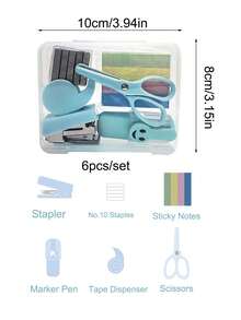 6pcs Portable Mini Office & Study Stationery Set - Includes Sticky Notes, Highlighters, Tape Dispenser, Mini Tape, Scissors, Stapler (With 500pcs 10# Staples), Mini Office Supplies And Paper Clip Organizer Box