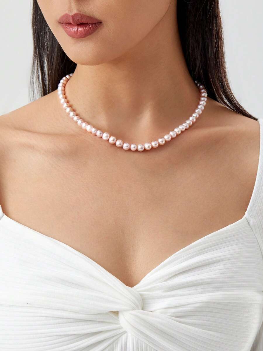 1pc 18K Gold Plated Natural Pearl Pink Necklace, Gift For Mother's Day, Valentine's Day, Wedding, Bride, Birthday - Pink - View 1