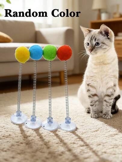 色彩鲜艳的互动猫玩具，配有毛绒球、金属弹簧逗猫棒和吸盘底座 - 无需电池，经久耐用，适合所有品种猫咪，激发狩猎本能和玩耍乐趣，狩猎模拟玩具，活力猫玩具，毛绒球玩具，室内猫玩具