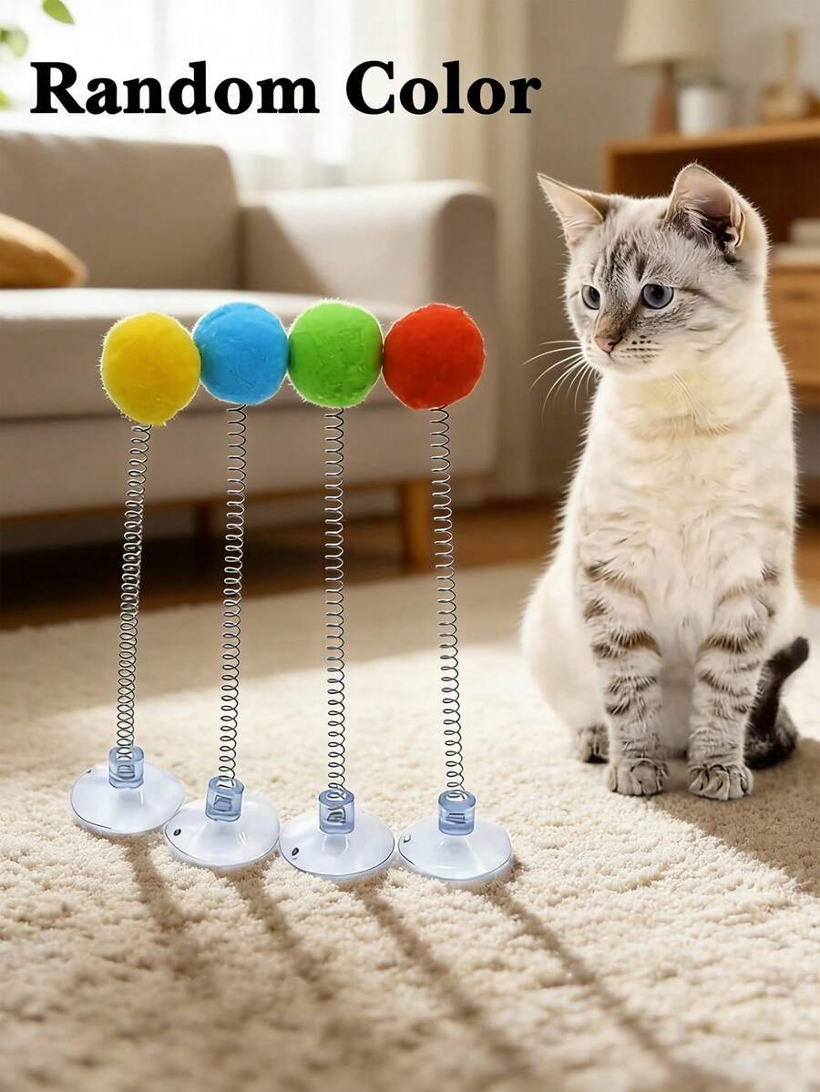 色彩鲜艳的互动猫玩具，配有毛绒球、金属弹簧逗猫棒和吸盘底座 - 无需电池，经久耐用，适合所有品种猫咪，激发狩猎本能和玩耍乐趣，狩猎模拟玩具，活力猫玩具，毛绒球玩具，室内猫玩具