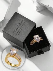 Gift Box Set Luxury Shiny Water Drop Cubic Zirconia Ring, High-End Women's Banquet, Wedding, Party Jewelry, Copper Material, Non-Fading, Hypoallergenic, Suitable For Holiday Gifts - Gold - View 8
