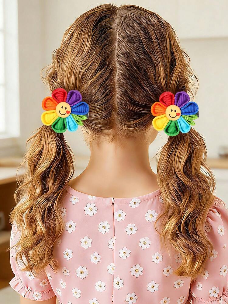 2pcs/Pack Girls Cute Rainbow Color Smile Petal Flower Hair Clip, Alligator Clip Hair Clip Suitable For Fine Hair Children Hair Accessories - Multicolor - View 2