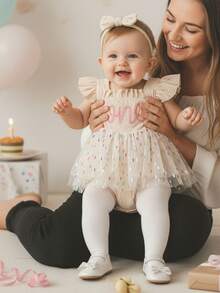 Baby Girl 1st Birthday Clothes One Year Old Tulle Romper Flying Sleeve Bodysuit Cake Smash Outfits - 卡其色 - 查看 2