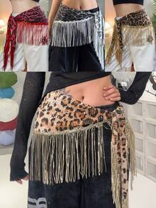 Sexy Leopard Print Sequined Hip Scarf Waist Chain | Jazz Dance Hip-Hop Tassel Hip Curtain Waistband | Adjustable Belt Accessories - Multicolor - View 8