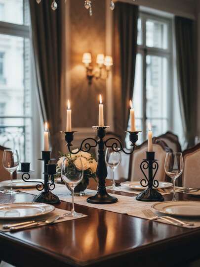 一套金属黑色婚礼餐桌装饰烛台，适用于户外庭院装饰、桌面装饰、烛光晚餐、室内氛围营造，适合婚礼、家庭聚会、派对、告白、餐桌装饰、浪漫情人节晚餐烛台、生日派对、节日装饰、家庭情人节等场合。