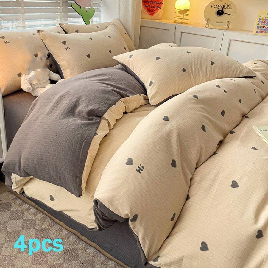 Juego de ropa de cama de 4 piezas, funda nórdica con estampado de corazones en gris claro con cierre de cremallera, sábana plana de unicolor, adecuado para todas las estaciones, juego de ropa de cama de estilo nórdico minimalista, suave y transpirable, lavable a máquina, adecuado como regalo para amigos y familiares, Día de San Valentín, Ramadán, incluye 1 funda nórdica (sin relleno), 1 sábana plana, 2 fundas de almohada (sin relleno)