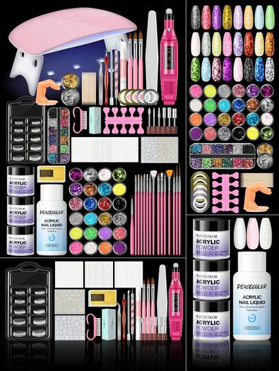 peacecolor Complete Acrylic Nail Kit-10G Clear Pink White Nail Powder & EMA Liquid Monomer, Nail Lamp And Electric Nail Drill For Women DIY Acrylic Nails Extensions Carving Salon Nail Supplies Gifts