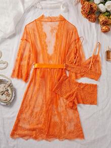 ROMWE Goth Deep V Lace Semi-Sheer Sexy Sleepwear Set, Fashionable & Alluring Design For Women - Orange - View 4