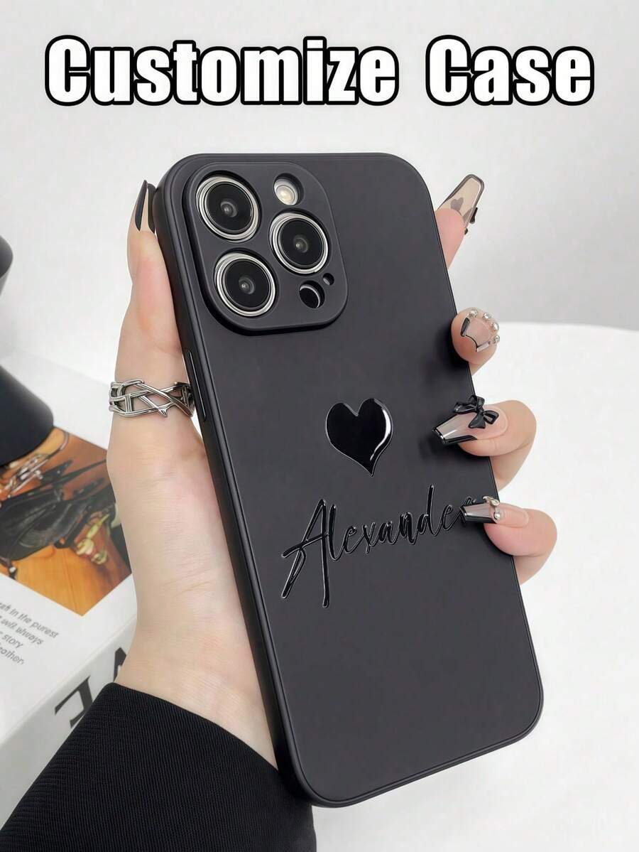 1pc Customized Name Phone Case, Personalized Name Design Phone Cover, Customized Name Cover, Heart Phone Case, Anniversary Gift, Valentine's Day Gift, Gift, Birthday Gift, Wedding Gift, Mother's Day Gift, Father's Day Gift, Best Friend Gift, Gift For Mom/Dad, Gift For Boyfriend, Gift For Girlfriend - Black - View 1