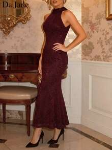 Da Jade Women's Elegant Burgundy Lace Mermaid Dress, High Neck And Back Ruffle Detailing, Sophisticated Burgundy Lace Fishtail Gown, Formal Dress For Autumn Galas And Holiday Parties, Timeless Elegant Winter Formal Gown For Special Occasions - Burgundy - View 3