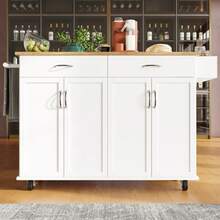 Modern Kitchen Island (106*50*90.5cm), Kitchen Cabinet, Sideboard, Dining Cart With Wood Grain, Buffet Cabinet, Multifunctional Dining Table With Storage Space, White - White - View 3
