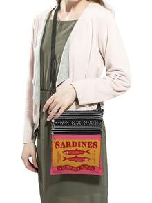 Retro Pink & Yellow Olive Oil Sardine Print Unisex Reusable Shoulder Bag, Casual Messenger Bag, Crossbody Bag With Adjustable Strap, Sardine Letter Print Storage Bag, Vintage Packaging Design, Gift For Sardine Lovers - Hot Pink - View 3
