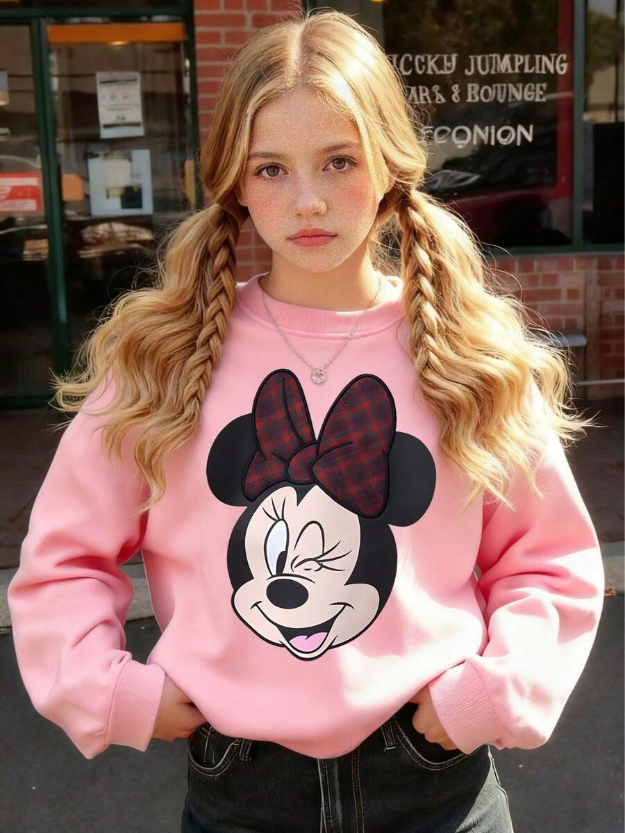 Soda X Disney Minnie Mouse Kids Sweatshirt For Girls & Boys 2-14 Years – Soft Cotton Blend, Plaid Bow Design, Fall & Winter Wear – Express Delivery - 粉色 - 查看 1