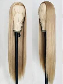 优雅的 13X4 24 英寸金色直发蕾丝前假发，适合女性 - 耐热合成头发，预拔自然发际线和年轻头发，非常适合日常佩戴、婚礼、万圣节和圣诞节 - 金色 - 查看 6