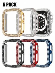 6pcs Shiny Watch Case Compatible With Apple Watch 40mm, 41mm, 42mm, 44mm, 45mm, 46mm And 49mm. Featuring Double-Row Diamond Inlaid, Shock-Resistant, Hollow-Out Hard PC Protective Case, Compatible With Apple Watch Ultra/11/10/9/8/7/6/5/4/SE Series. Fashionable And Elegant Ladies' Watch Case, Comfortable To Wear, Sensitive Touch. - Transparent + Blue + Black + Starlight + Rose Gold + Various Colors - View 3