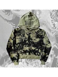 Autumn And Winter New Street Hip-Hop Pullover Sweater Printed Hoodie Casual Pocket Top - 墨綠色 - 查看 4