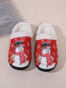 2pcs Women's Snowman Cute Fabric Plush Lining Fleece House Slippers, Home Winter - Red - View 6