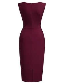 MIUSOL Solid Ruched Split Back Bodycon Dress - Màu Đỏ Sâu - Xem 8