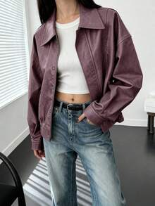 Women's Faux Leather Motorcycle Jacket  Fall Clothes Oversized Zip Up Winter Coat Outerwear - 蒟蒻紫 - 查看 3