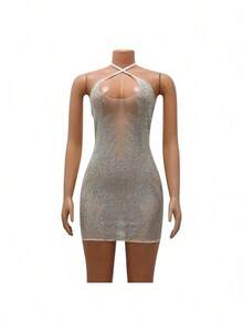 2025 New Perspective Hanging Neck Dress Women's Mesh Hot Diamond Sexy Bag Hip Short Skirt Nightclub Bounce Di Spicy Girl Style Banquet Dress - 白色 - 查看 4