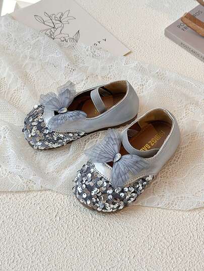 1 par de zapatos planos de princesa para niñas con decoración de lazo y flores de lentejuelas, zapatos cómodos para exteriores/baile para estudiantes, zapatos de boda de encaje blanco, para primavera/otoño