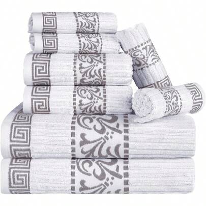 8 Piece Cotton Towel Set Highly-Absorbent Plush Decorative Bohemian Greek Key Trim Jacquard Dobby Border Face Towels 13 X 13 Hand Towels 16 X 30 Bath Towels 30 X 52 White-Chrome