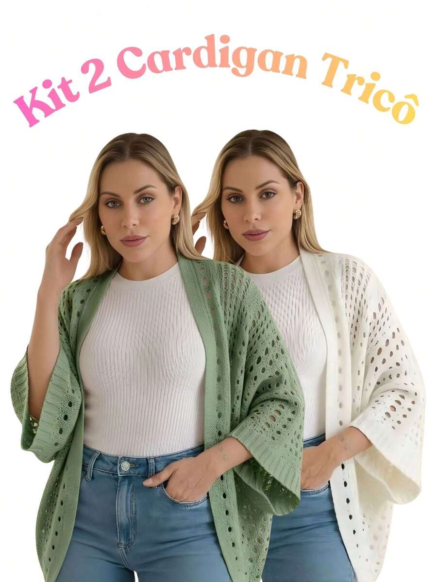 Set Of 2 Women's Cardigan Blouses, Knitted Cape, Openwork Knit, Autumn - 綠/白 - 查看 1
