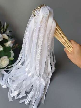 50pcs White Ribbon Wands With Lace, Bells, Suitable For Weddings, Parties, Celebrations